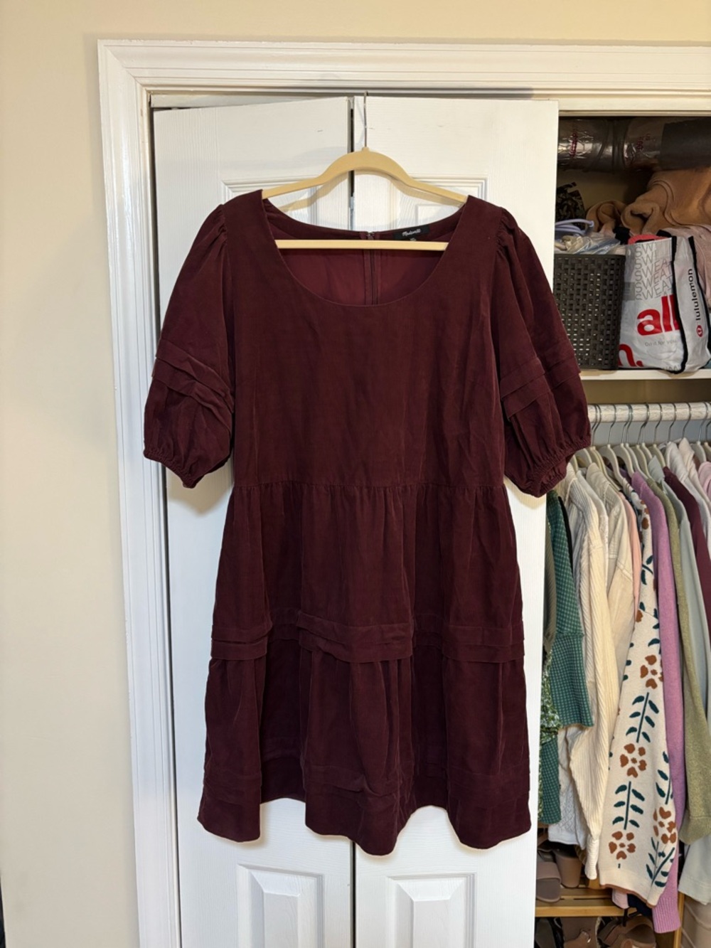 Madewell Burgundy Puff-Sleeve Tiered Mini Dress